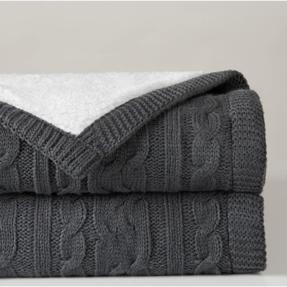Bedfolks Cable Knit Sherpa Reversible Thick Soft Dark Grey Blanket Twin 60x80